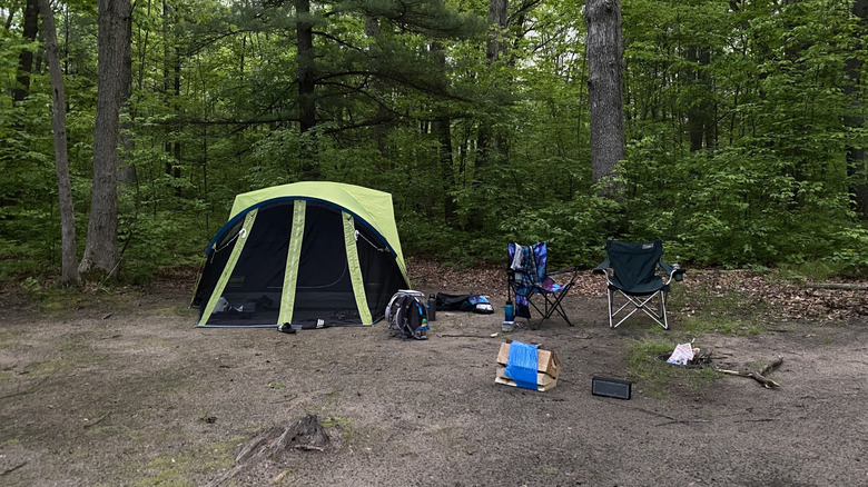 Camping gear in the woods of Deerfield Nature Park in Michigan