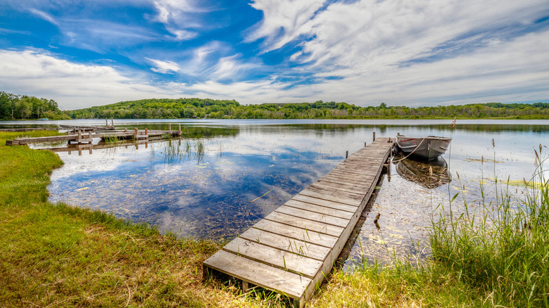 Boat docks on the water in Central Lake, Michigan