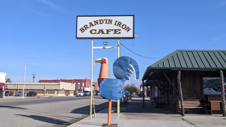 Chicken statue outside of the Brand'in Iron Cafe in Coalgate, Oklahoma