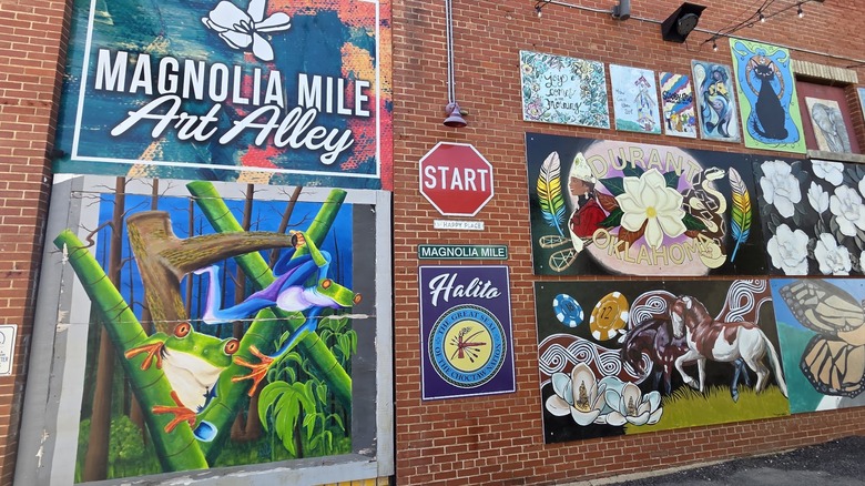 The Magnolia Mile Art Alley in downtown Durant, Oklahoma, with colorful murals