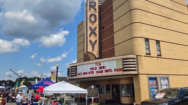 Booths set up in front of the Roxy Theatre in Russellville, Alabama
