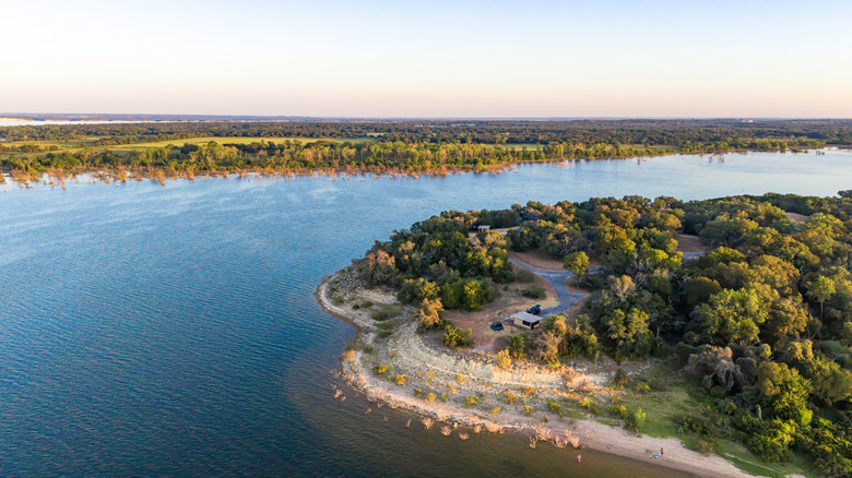Aerial view above Lake Whitney near Waco, Texas on clear summer day.