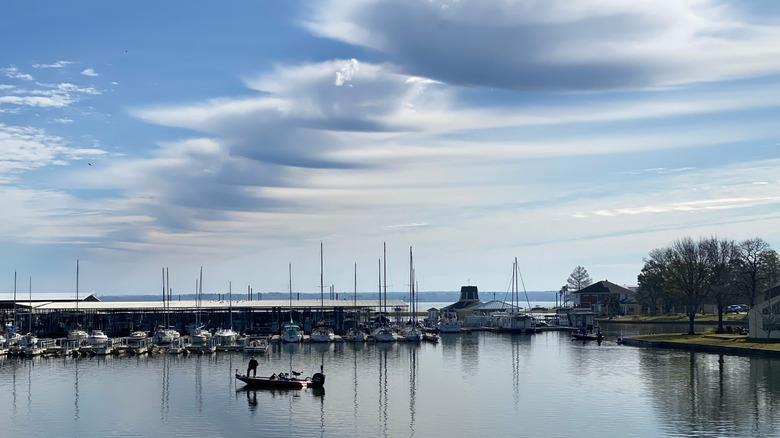 Lake Conroe view of docked boats and fisherman