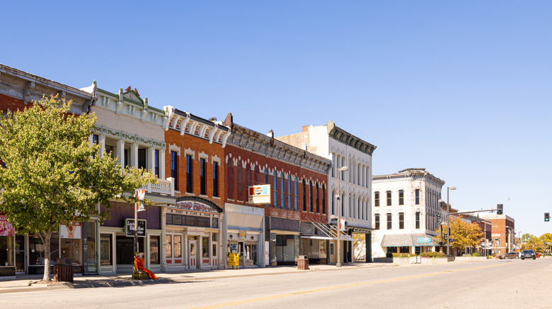 Downtown buildings in Wellington, Kansas on sunny day.