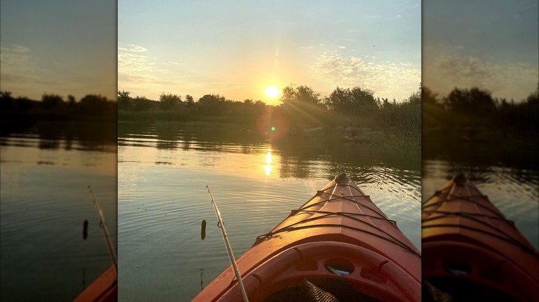 A man fishing in Lake Graham, Texas, from a kayak