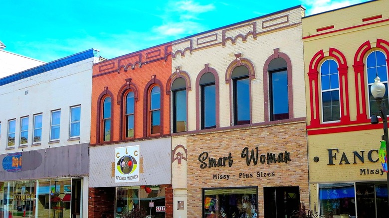 Historic buildings of downtown Portage with awnings, restaurants, and shops
