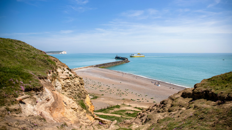 Newhaven Beach and white cliffs from Fort Hill on a clear day, England, UK