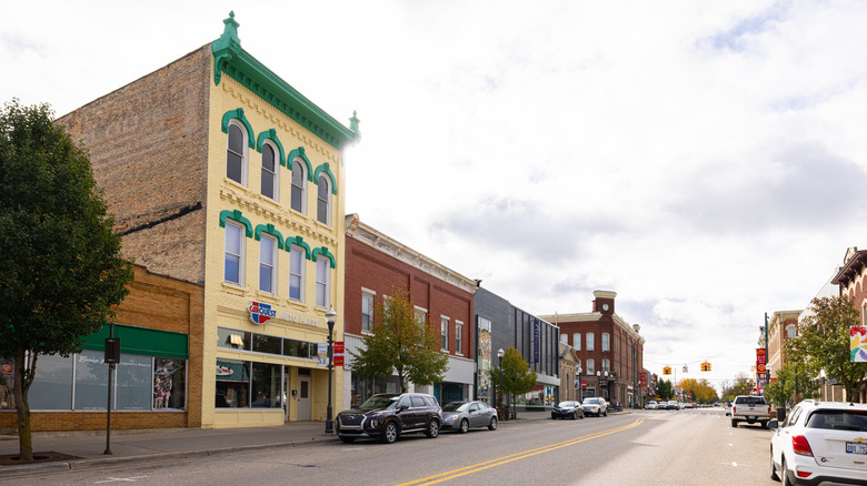 The historic downtown of Big Rapids with brick buildings