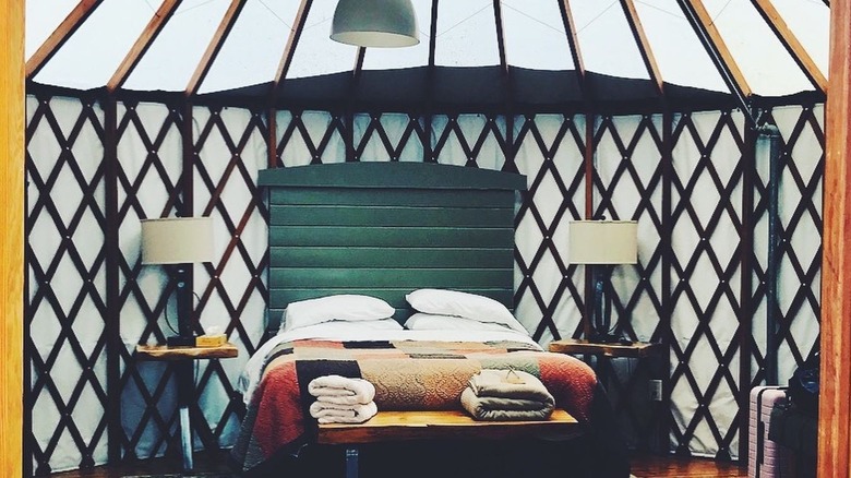 The inside of one of the yurts at Treebones Resort