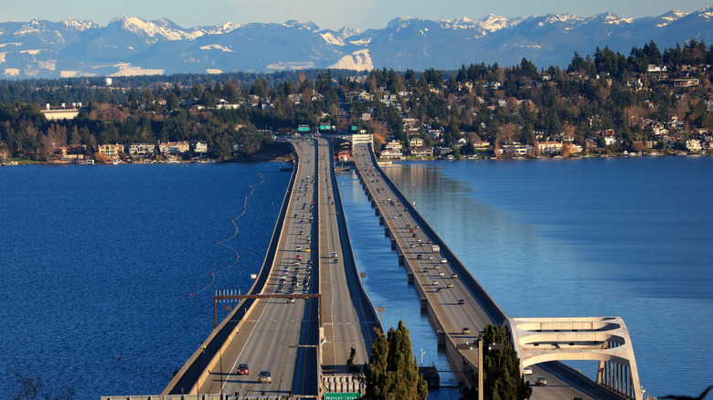An aerial view of the floating bridge to Mercer Island in Seattle