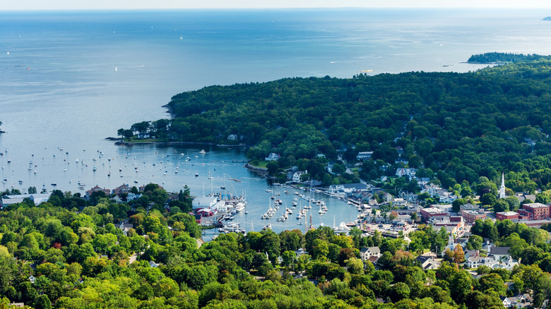 Aerial view of Camden Maine's harbor