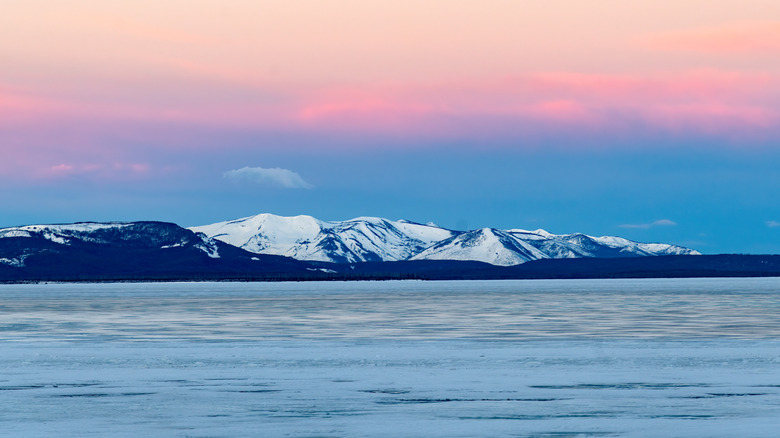 Yellowstone Lake covered in ice during winter
