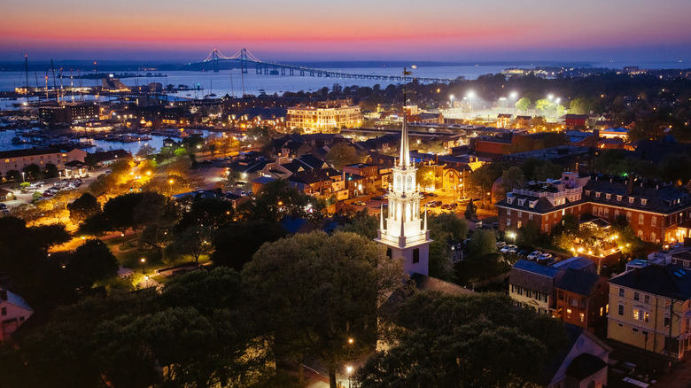 The sun sets over the town of Newport, Rhode Island.