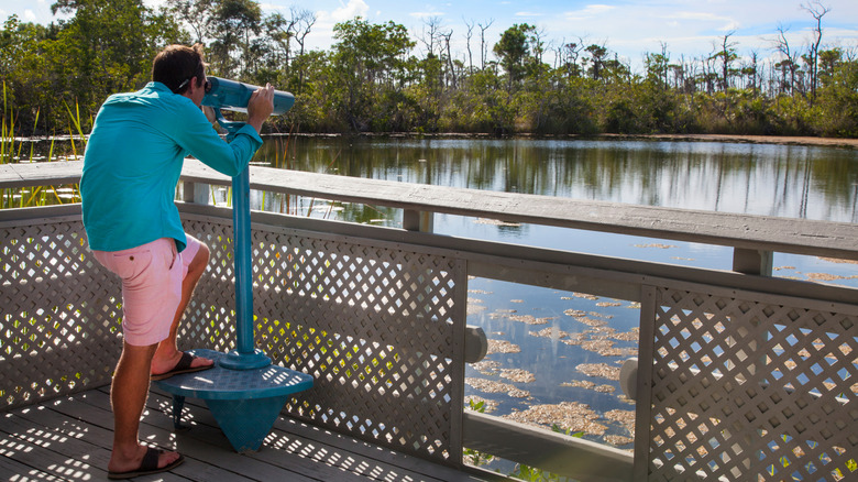 Man looking through observation binoculars at the observation deck at Blue Hole in the Florida Keys