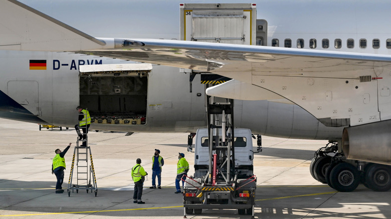 Airport workers check cargo hold of Lufthansa Boeing 747 jet