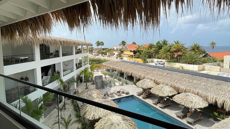 Pool courtyard and straw roofs with palms in background