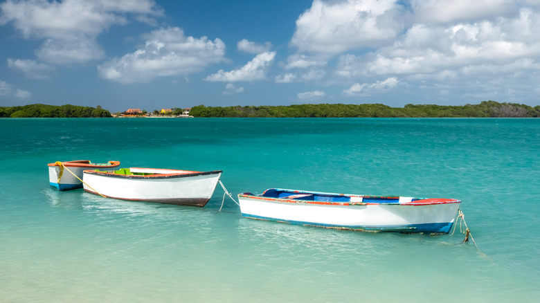 Fishing boats moored in a turquoise bay of Bonaire