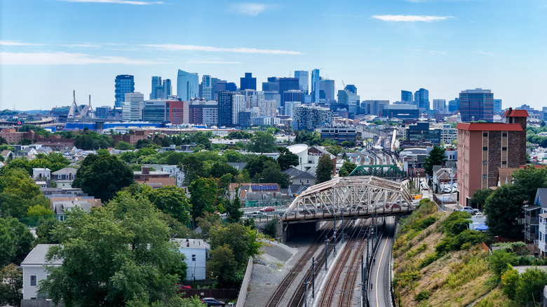 Boston skyline with train tracks going into city