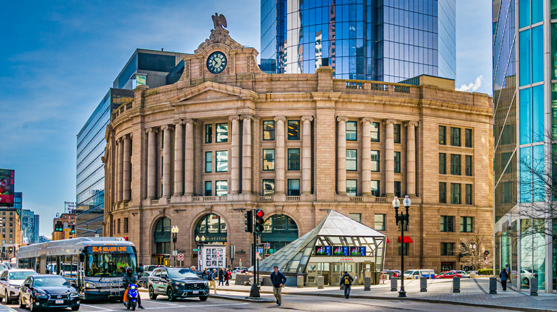 South Station hub in Boston with skyscraper