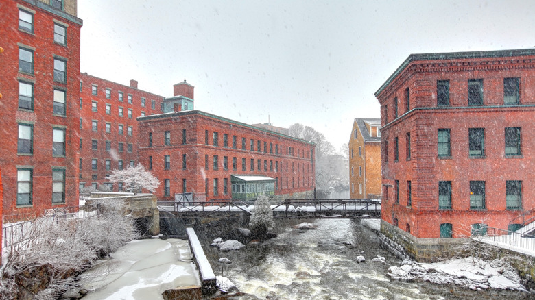 Buildings and a canal in historic neighborhood of Dorchester during a winter day in Boston, MA