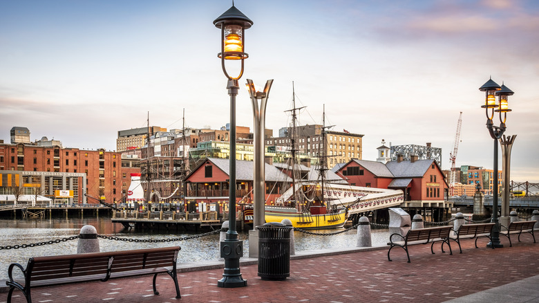 View of Boston Harbor and Financial District in Massachusetts, USA.