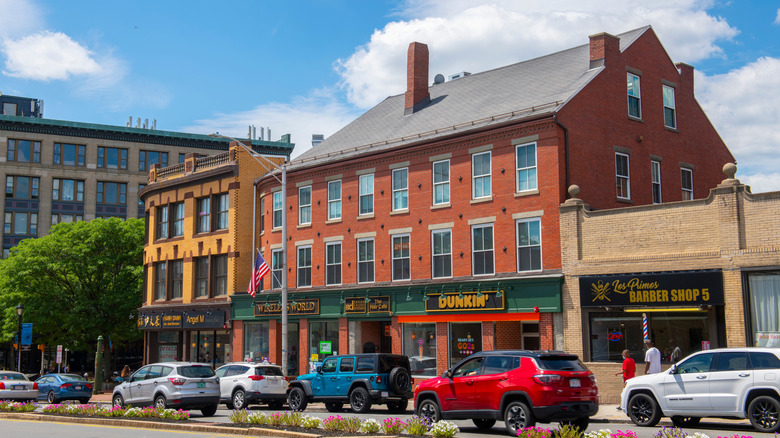 Malden Dunkin' in a historic commercial building at 424 Main Street in historic city center of Malden, Massachusetts MA, USA.