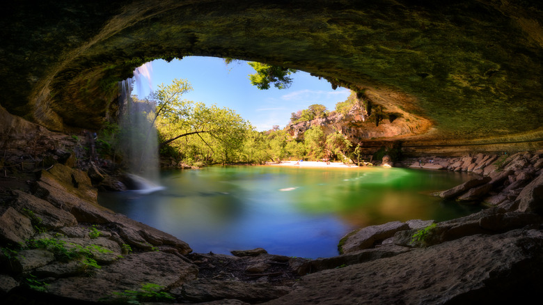 Hamilton Falls and swimming pool from under the cliff