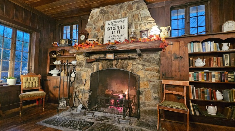 Stone fireplace at the NuWray Hotel