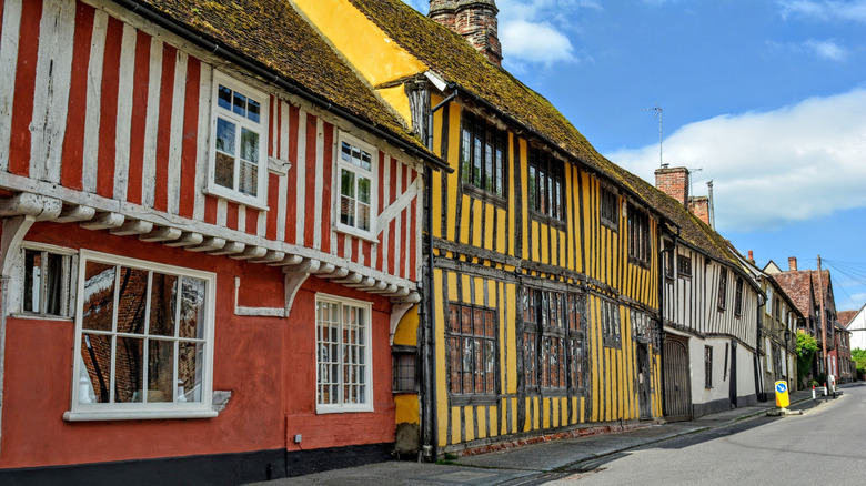 Colorful, Tudor homes with wooden beams in the village of Lavenham in Suffolk, England