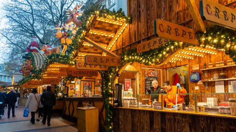 Food stalls sells crepes and schnitzel at Birmingham Frankfurt Christmas Market