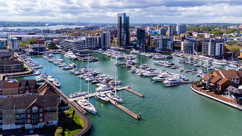 Aerial view of Southampton, UK, looking over Ocean Village Marina on the coast.