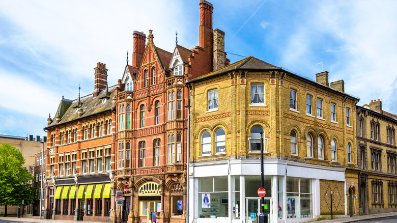 Colorful, ornate historic townhouses in the city center of Southampton, England