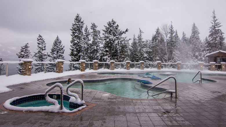 Hot springs surrounded by snowy trees at the Halcyon Resort