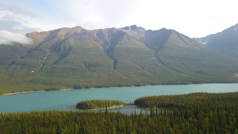 Mountains and pine forests loom behind an electric blue lake and island with a white sky in Northern Rocky Mountains Provincial Park, Canada