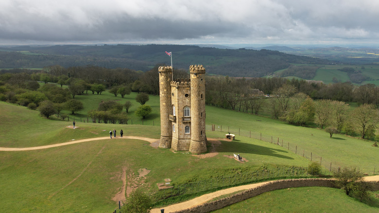 An aerial view of Broadway Tower near the Cotswolds, England village of Broadway