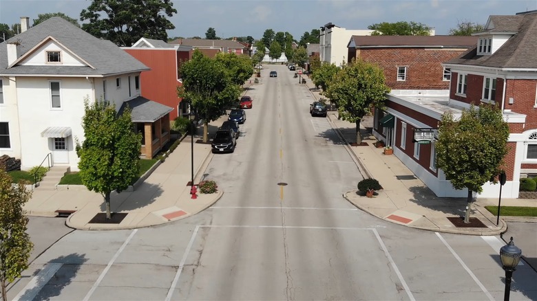 Aerial view of a street in Brookville, Ohio
