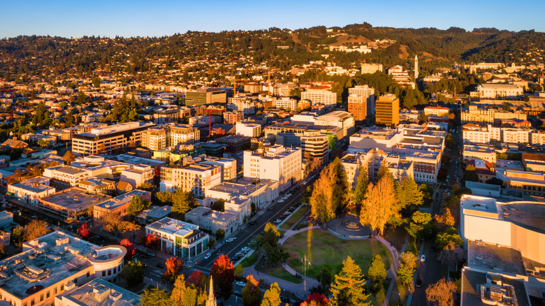 Downtown Berkeley skyline aerial during the golden hour with the Berkeley Hills in the background