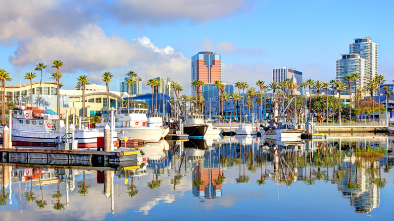 The Long Beach, California skyline with a marina in the foreground