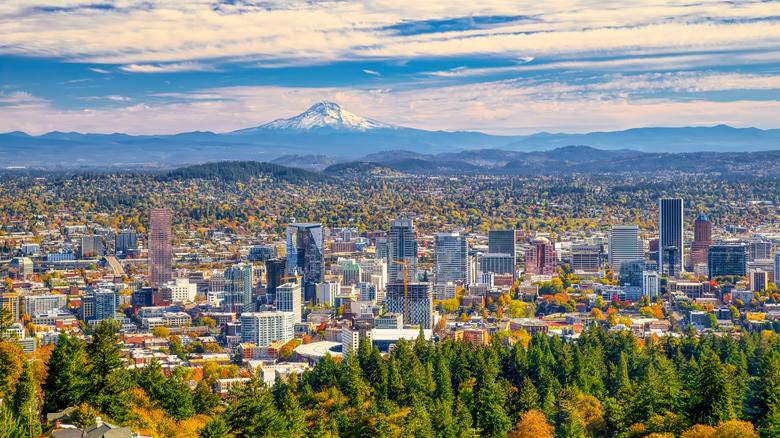 An aerial view of Portland, Oregon, with Mt. Hood in the distance