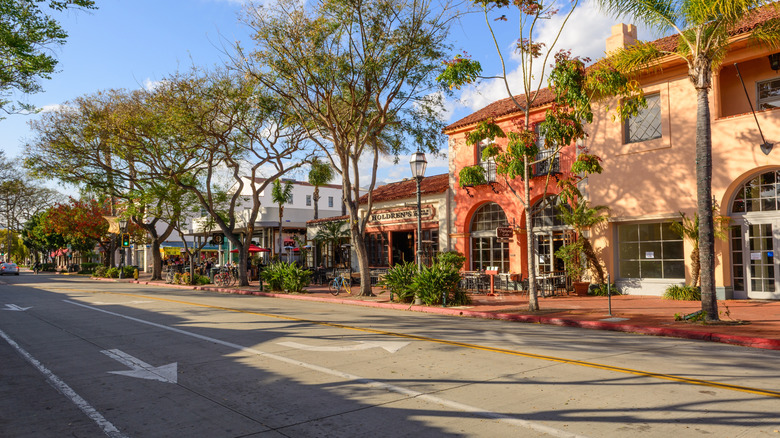 Charming storefronts and trees in downtown Santa Barbara