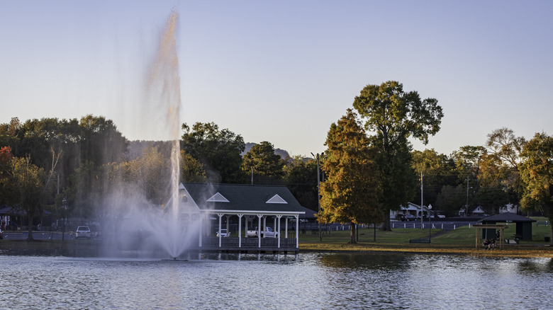 Fountain and gazebo in late afternoon at Oxford Lake Park in Oxford, Alabama