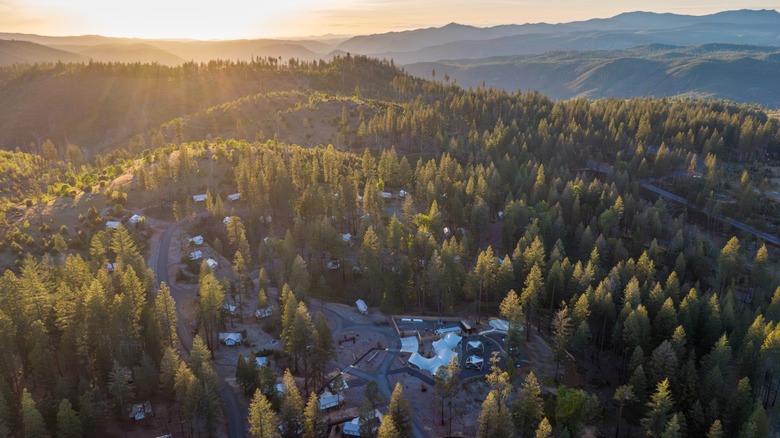 Aerial view of Under Canvas Yosemite and the surrounding Sierra Foothills