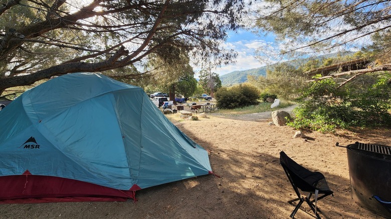 Tent at a campsite at the Old Mesa Campground at Silverwood Lake in California