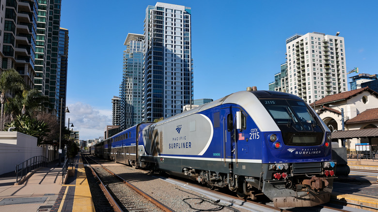Pacific Surfliner train at the Santa Fe Depot station in San Diego
