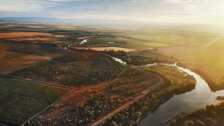 Aerial of the Sacramento River as it winds through the California landscape
