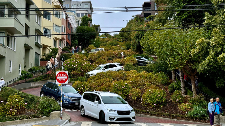 Cars driving down crooked Lombard Street in San Francisco, California