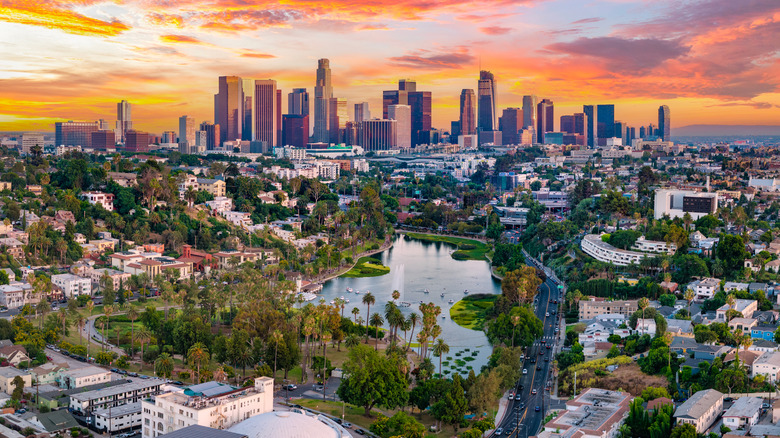 Aerial view of Los Angeles featuring the Downtown LA skyline, California
