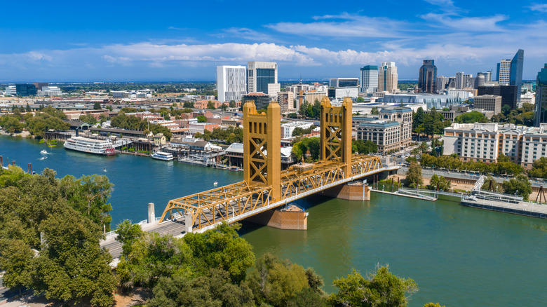 Aerial view of bridge and Sacramento skyline