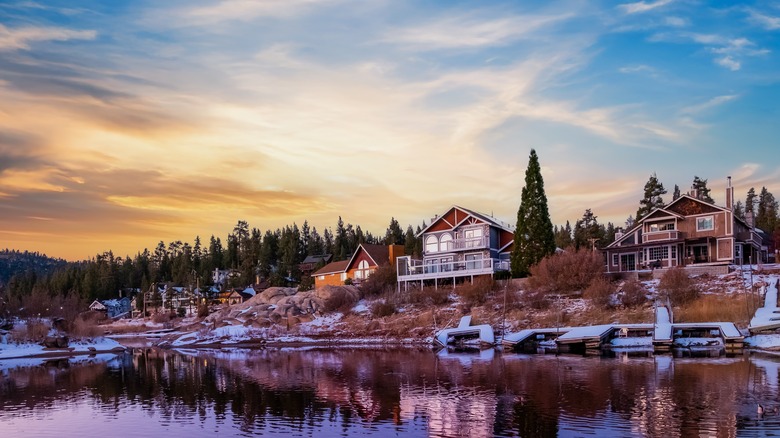 Homes at Big Bear Lake, covered in snow at sunset