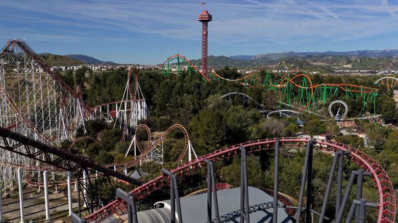 Aerial view of roller coasters at Six Flags Magic Mountain Valencia, California